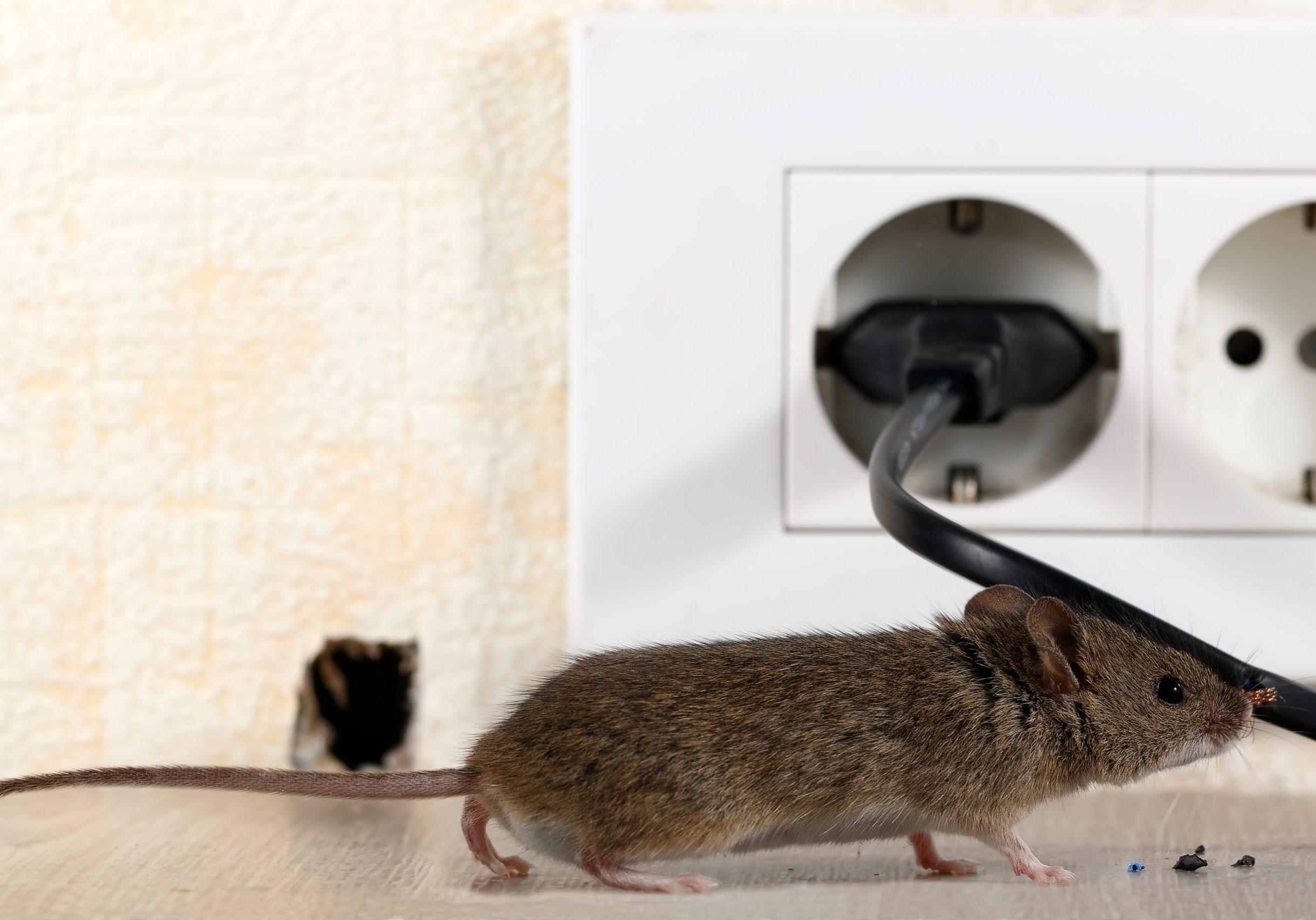 closeup mouse (Mus musculus) sniffing the wire on the background of the outlet and the hole in the wall. Inside high-rise buildings. Fight with mice in the apartment. Extermination. Small DOF focus put to mouse.